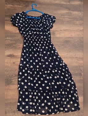 Navy and White Polka Dot Off Tiered Maxi Dress, Size 6